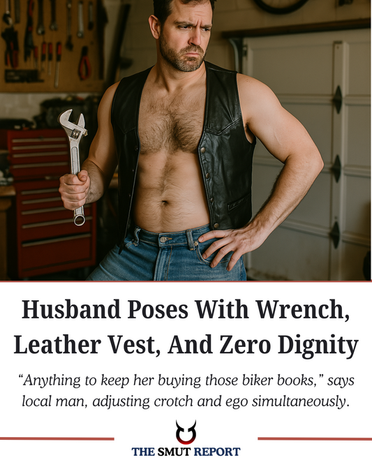 Husband Poses With Wrench, Leather Vest, And Zero Dignity